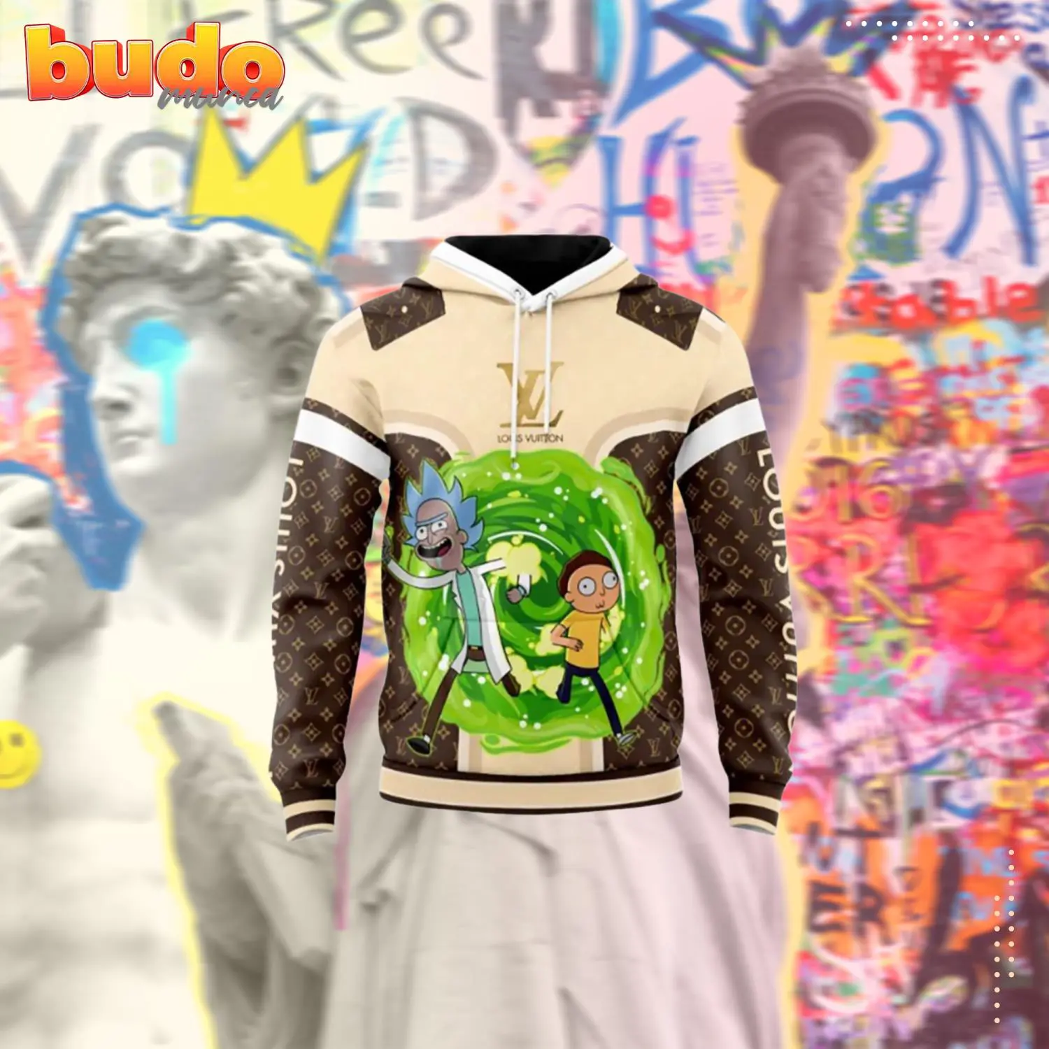 Louis vuitton rick and morty brown beige unisex hoodie outfit for men women luxury brand clothing special gift - hot new